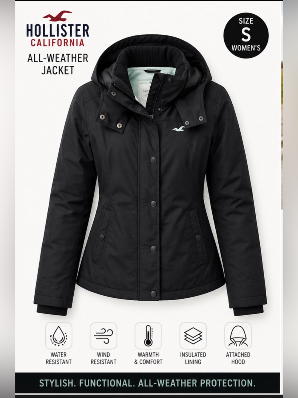 Hollister All Weather Hooded Jacket Black Fleece Lined Women’s Small